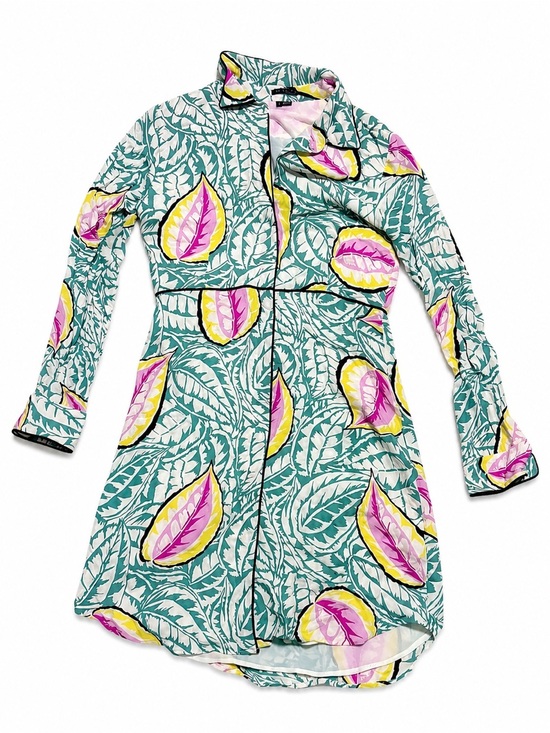 Theory Dresses & Skirts - Theory Silk Shirt Dress Size 6 Leaf Print Teal Pink Button Front Missing Button